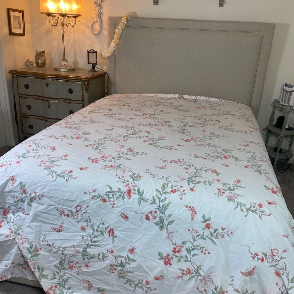 Utica vintage King sheet with butterflies flowers on white Romantic whimsical